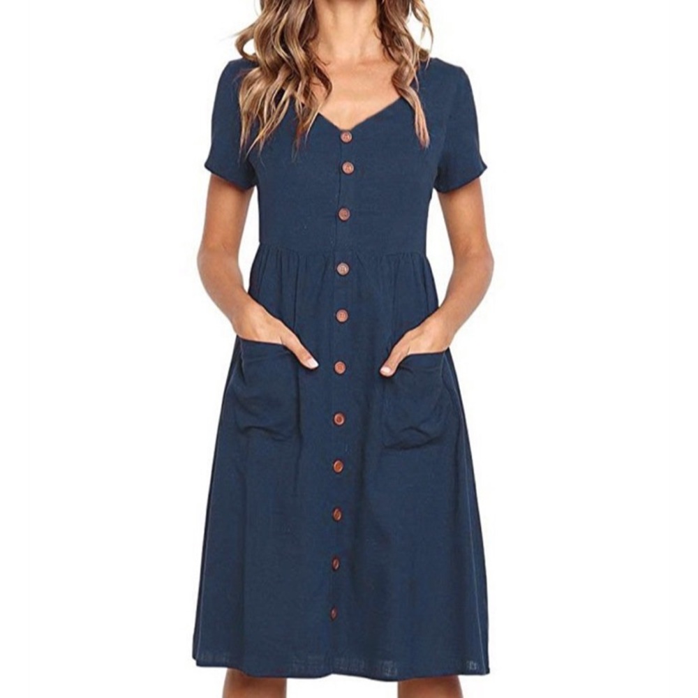 Buttoned V-Neck Dress with Pockets